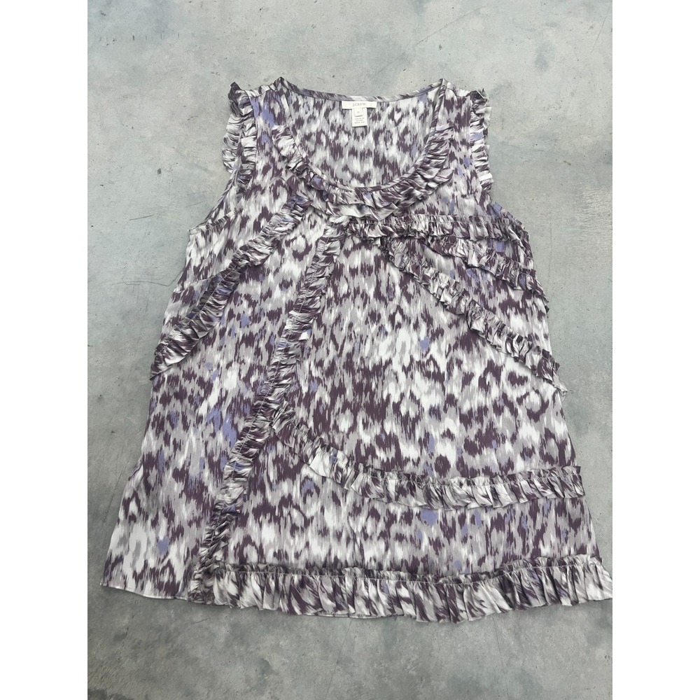 J.Crew Evie Tank Top Womens 0 Purple Gray Abstract Print 100% Silk Ruffle Preppy